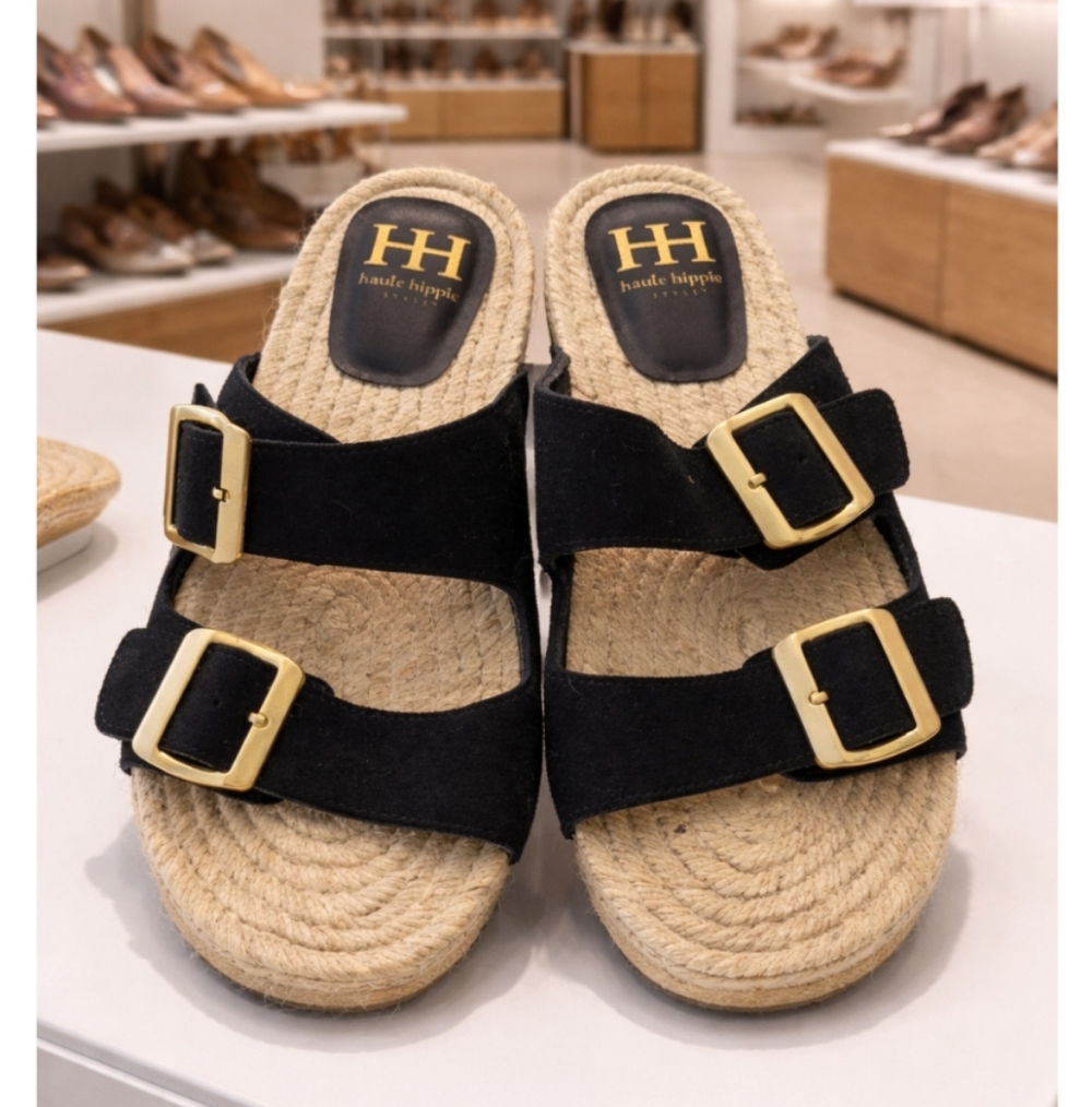 Haute Hippie Black Double Buckle Espadrille Slide Sandals NWT - Picture 2 of 7